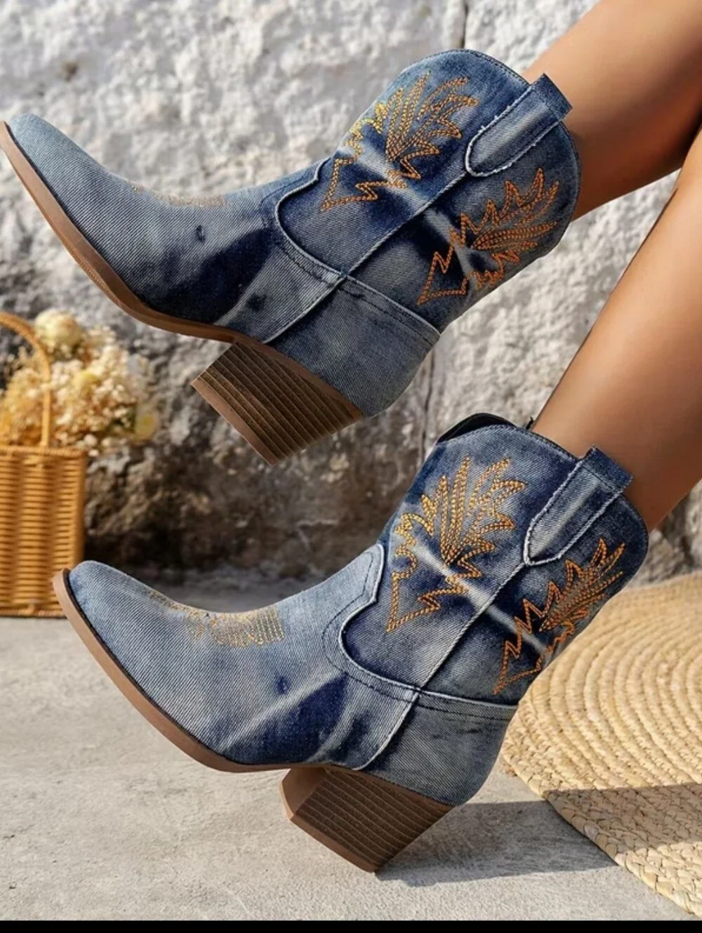 Western Denim Embroidered Mid-Heel Ankle Boots - Blue
